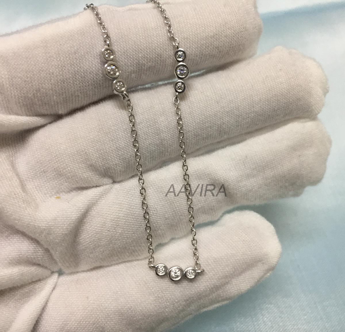 Diamond Station Pendant Necklace, Bezel Set Delicate Moissanite Diamond Pendant, Women's Pendant Gift, Three Stone Diamond Bezel Pendant