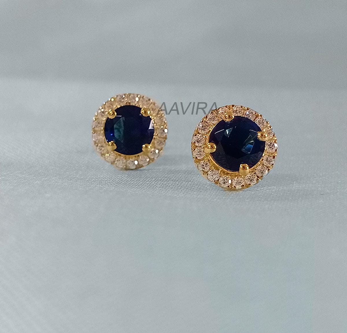 Sapphire & Diamond Earrings, Halo Stud Earrings, Sapphire Earrings, Birthstone Earrings, Mother's Day Gifts, 14k Yellow Gold Plated, Gifts
