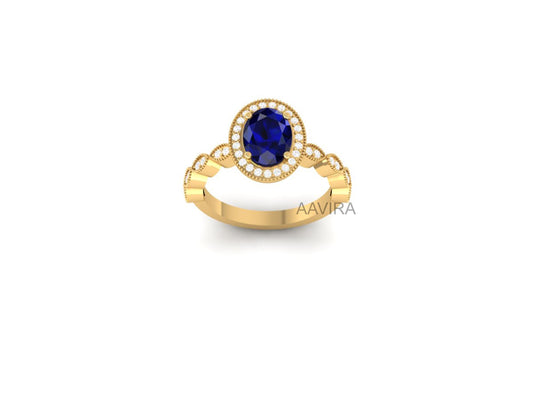 14k Yellow Gold Sapphire Halo Wedding Ring, September Birthstone Ring, Diamond Sapphire Ring Gift For Her, Ruby Diamond Ring, Gift For Her