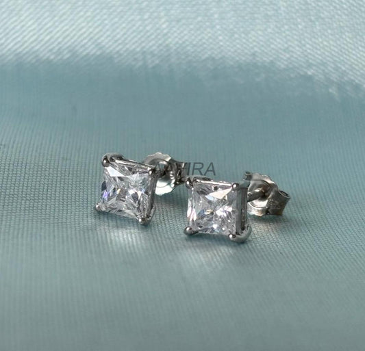 Princess diamond earrings, 6mm Diamond Stud, 925 Sterling Silver, Everyday Earrings, Push Back, Dainty Diamond Stud Earrings For Women/Men