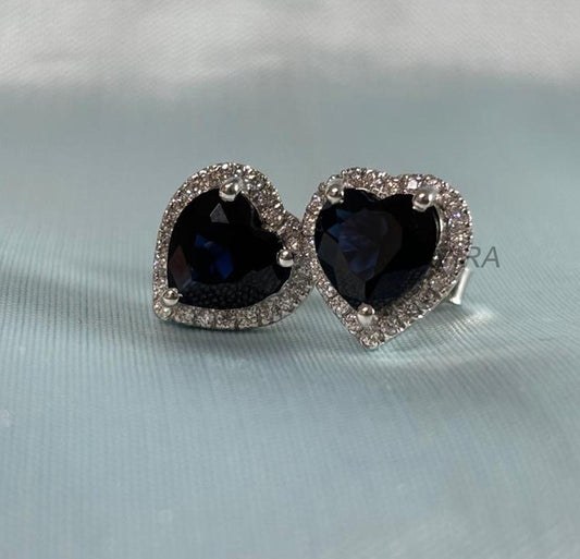 Halo Heart Blue Sapphire Studs, Blue Stone Earrings, Push Back Studs, Diamond Stud Earrings For Women, 14K White Gold  Handmade Studs