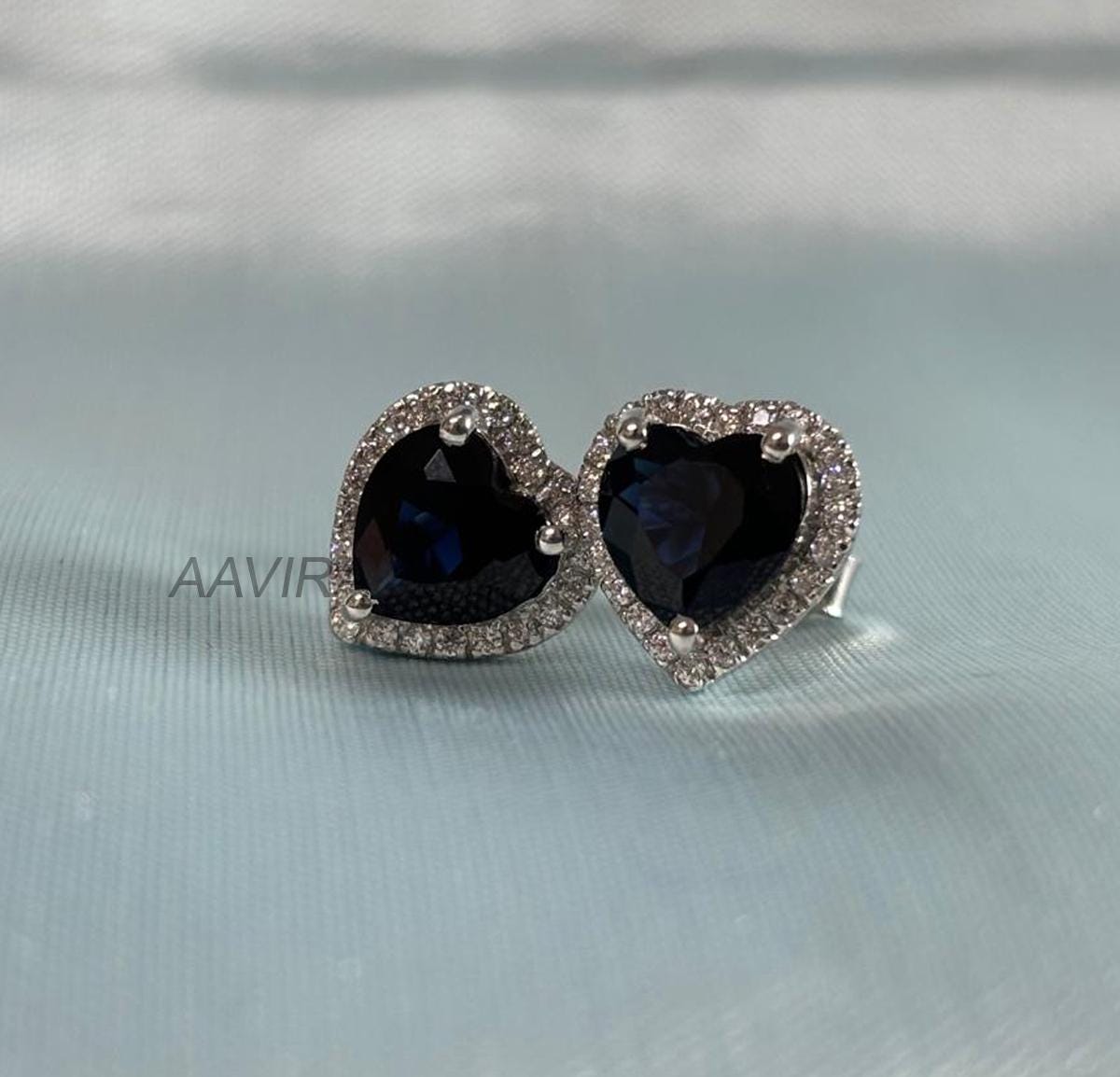 Halo Heart Blue Sapphire Studs, Blue Stone Earrings, Push Back Studs, Diamond Stud Earrings For Women, 14K White Gold  Handmade Studs