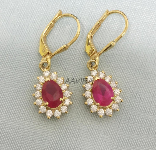 Teardrop Ruby Dangle Earrings, Dangle Earring, 14K Yellow Gold Earrings, July Birthstone Earrings, Gifts For Her, Red Gemstone Ruby Earrings