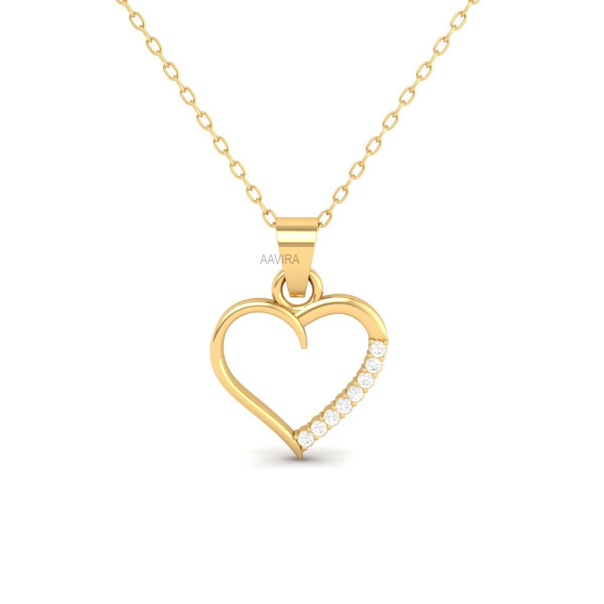 Women's Delicate Heart Pendant, Dainty Diamond Necklace, Moissanite Chain Pendant, Half Part Diamond Heart Pendant, 14k Yellow Gold Plated