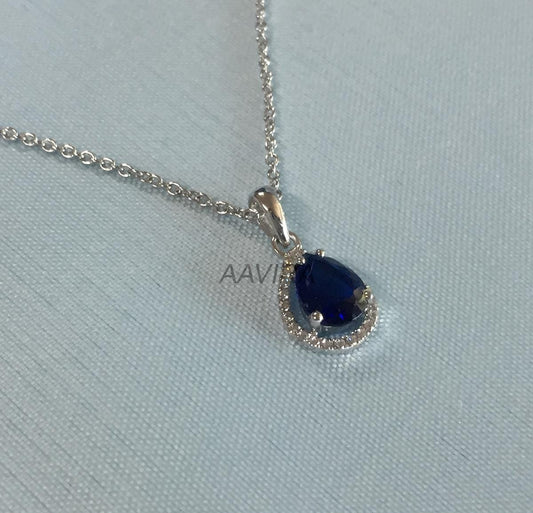 September Birthstone Pendant, Sapphire Teardrop Necklace, Halo Diamond Pendant, Sapphire Pendant, 925 Sterling Silver Pendant, Birthday Gift