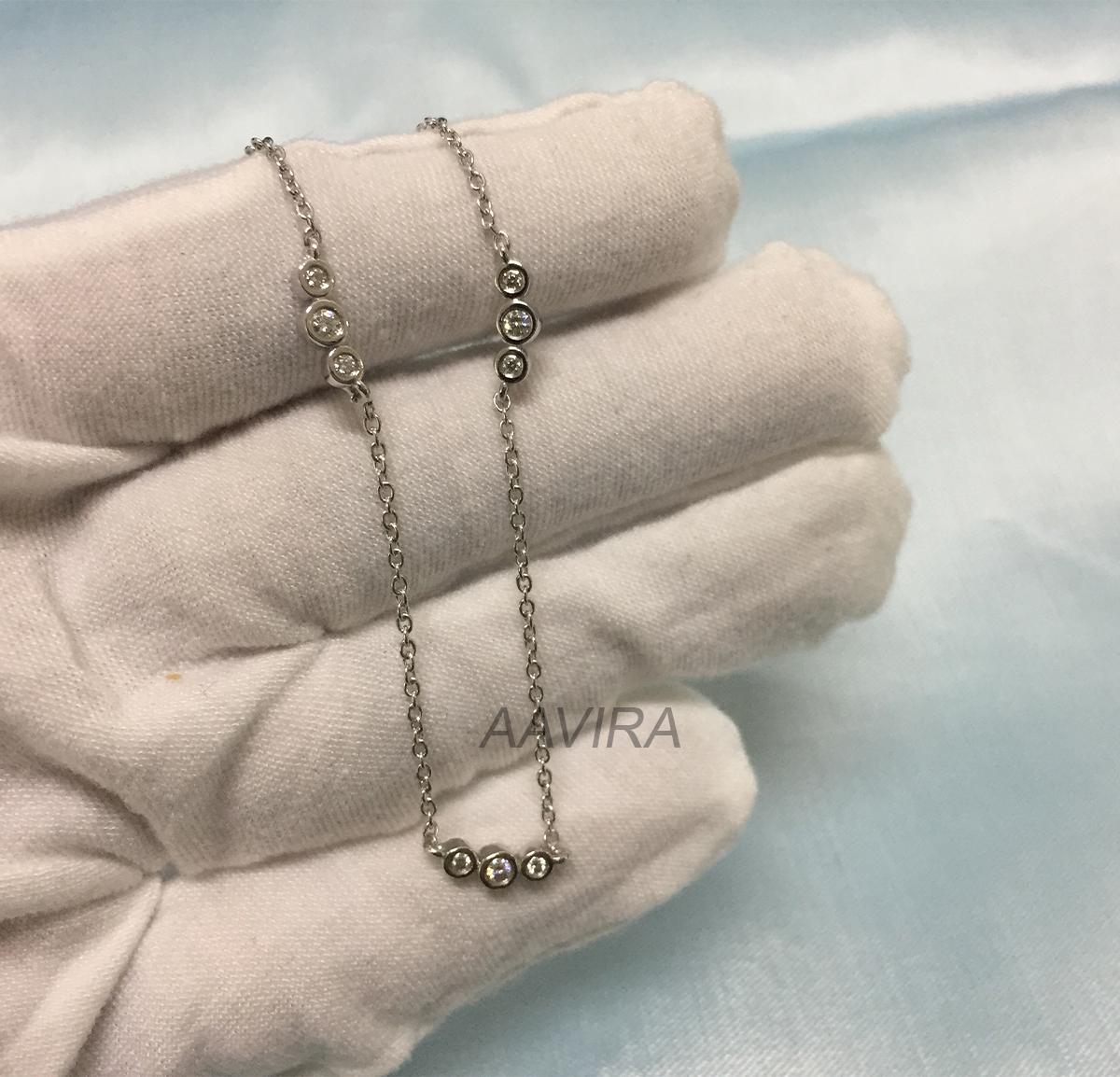 Diamond Station Pendant Necklace, Bezel Set Delicate Moissanite Diamond Pendant, Women's Pendant Gift, Three Stone Diamond Bezel Pendant