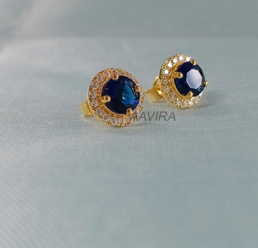 Sapphire & Diamond Earrings, Halo Stud Earrings, Sapphire Earrings, Birthstone Earrings, Mother's Day Gifts, 14k Yellow Gold Plated, Gifts