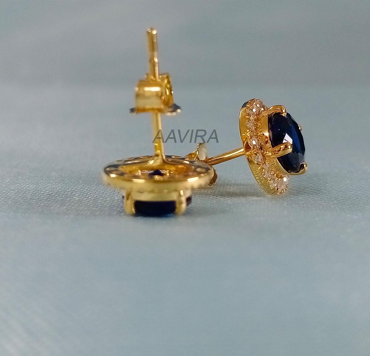 Sapphire & Diamond Earrings, Halo Stud Earrings, Sapphire Earrings, Birthstone Earrings, Mother's Day Gifts, 14k Yellow Gold Plated, Gifts