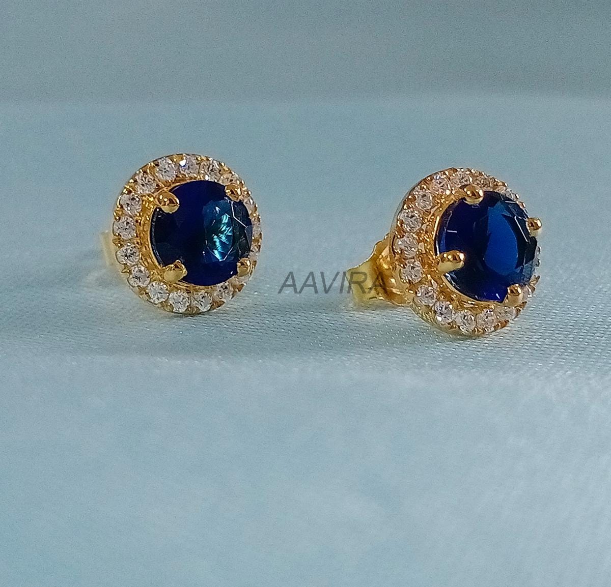 Sapphire & Diamond Earrings, Halo Stud Earrings, Sapphire Earrings, Birthstone Earrings, Mother's Day Gifts, 14k Yellow Gold Plated, Gifts