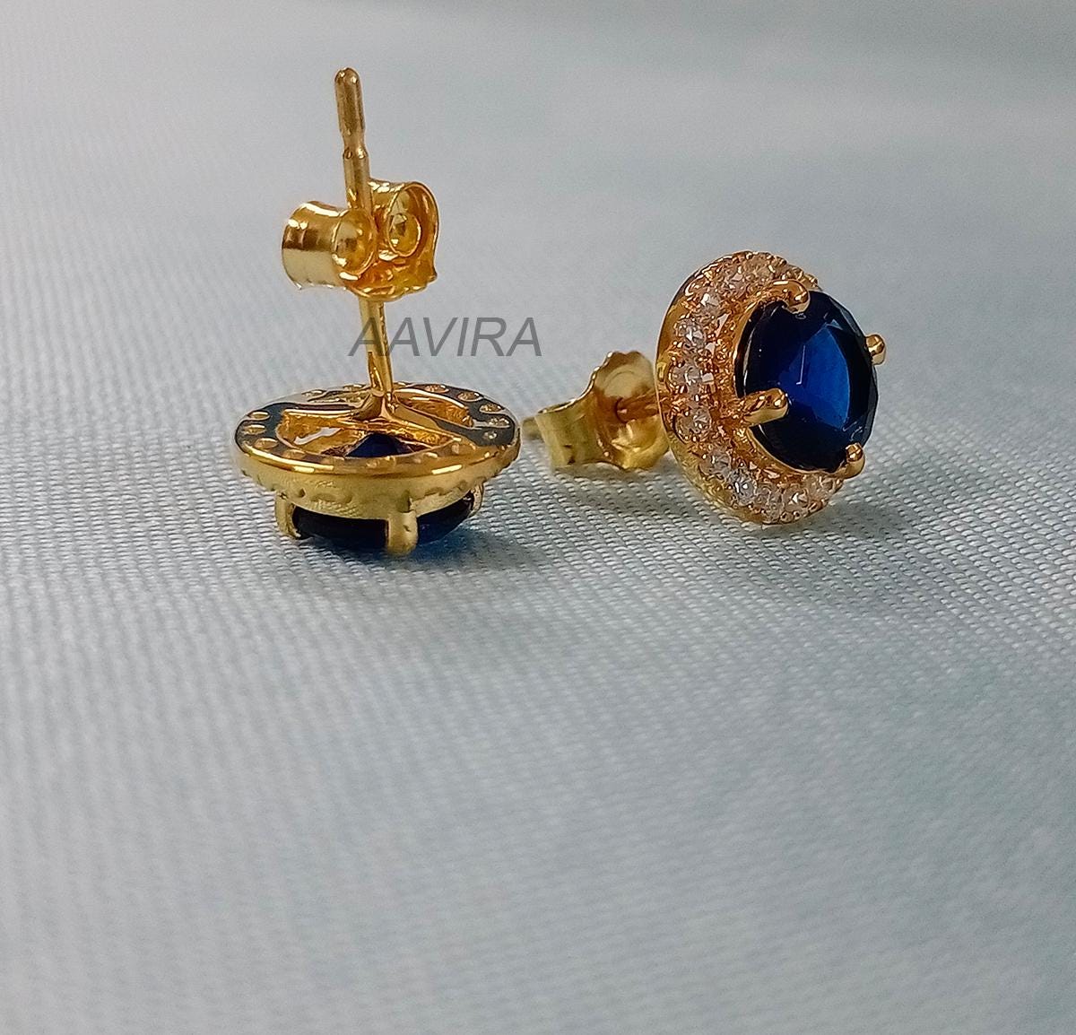 Sapphire & Diamond Earrings, Halo Stud Earrings, Sapphire Earrings, Birthstone Earrings, Mother's Day Gifts, 14k Yellow Gold Plated, Gifts