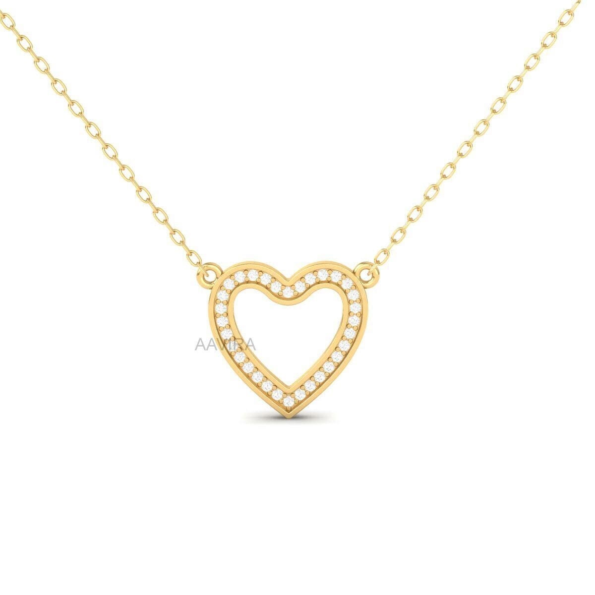 Prong Set Round Diamond Pendant, 14k Yellow Gold Plated, Handmade Heart Pendant, Chain Pendant, Birthday Gift For Her, Dainty Heart Pendant