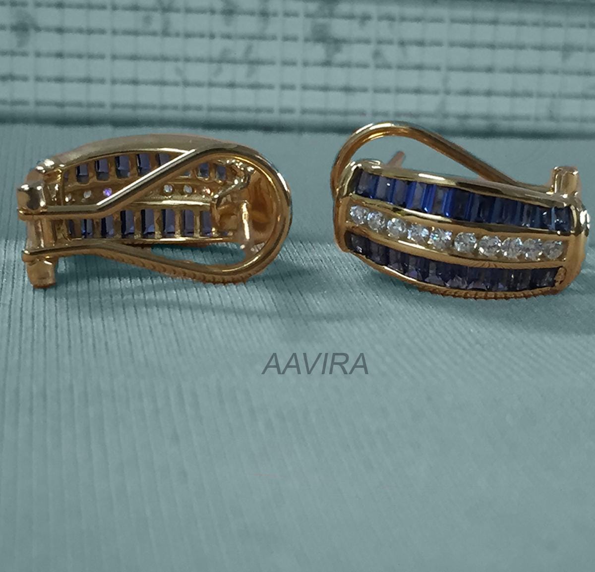 Blue Sapphire Hoop Earring, Diamond Hoop Earrings, Party Wear Earrings, Omega Back Earrings, 14K Yellow Gold Hoop, Channel Set Hoop Earrings