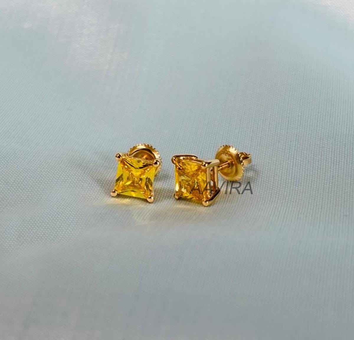 Citrine Princess Stud Earrings, 14k Yellow Gold Citrine Earrings, Everyday Earrings For Men Women, 6mm Diamond Stud, Gemstone Earrings Gift