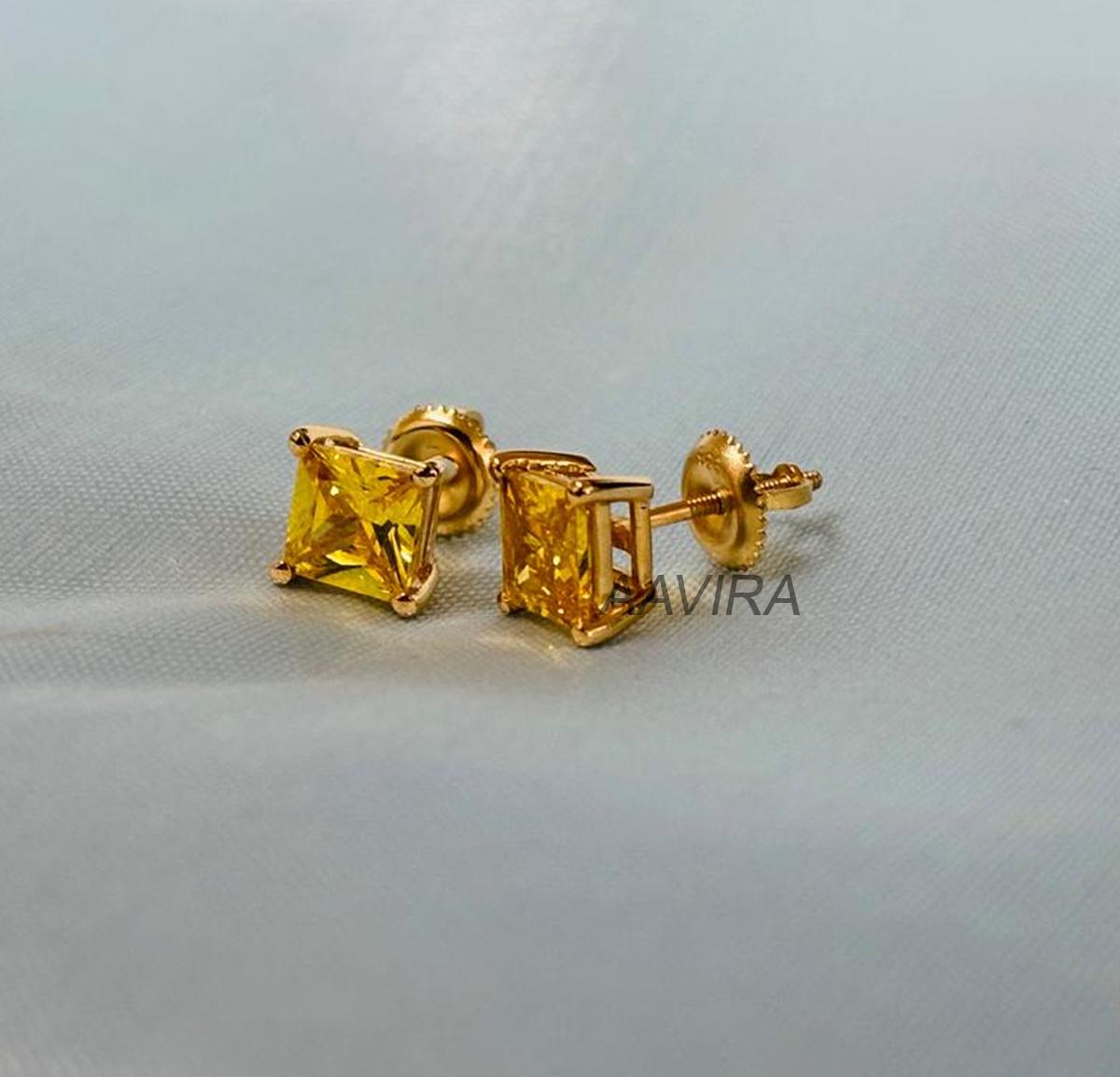 Citrine Princess Stud Earrings, 14k Yellow Gold Citrine Earrings, Everyday Earrings For Men Women, 6mm Diamond Stud, Gemstone Earrings Gift