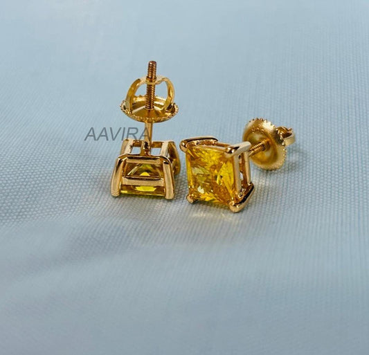 Citrine Princess Stud Earrings, 14k Yellow Gold Citrine Earrings, Everyday Earrings For Men Women, 6mm Diamond Stud, Gemstone Earrings Gift