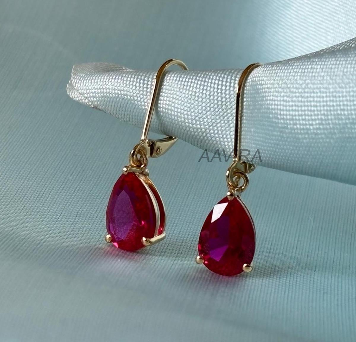 Ruby Drop Earrings, Dangle Earrings, 10X7MM Pear Cut Dangle, 14K Yellow Gold Birthstone Solitaire Earrings, Gifts for Her, Ruby Dangles