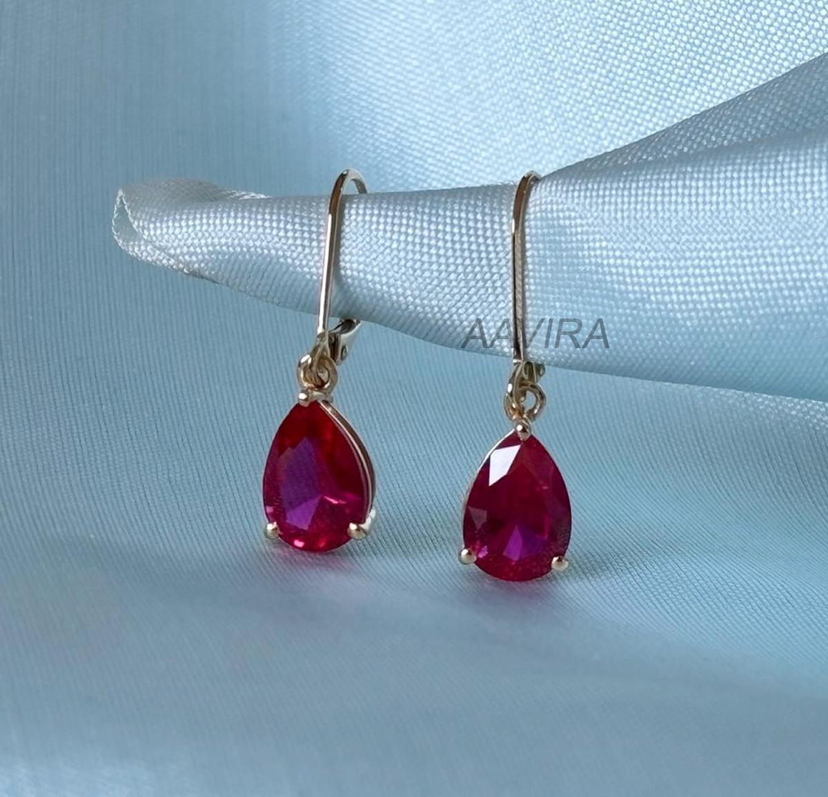 Ruby Drop Earrings, Dangle Earrings, 10X7MM Pear Cut Dangle, 14K Yellow Gold Birthstone Solitaire Earrings, Gifts for Her, Ruby Dangles