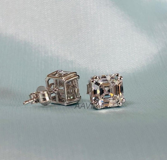 Asscher Cut Stud Earrings, Daily Use Earrings, Asscher Earrings, Diamond Earrings for Men Women, 14k White Gold Stud Earrings, Push Back
