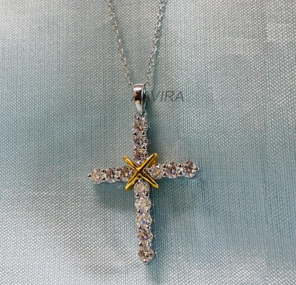 Two Tone Plated Cross Diamond Pendant Necklace, Religious Cross Pendant, Silver Handmade Pendant, Perfect Gift, Cross Moissanite Pendant