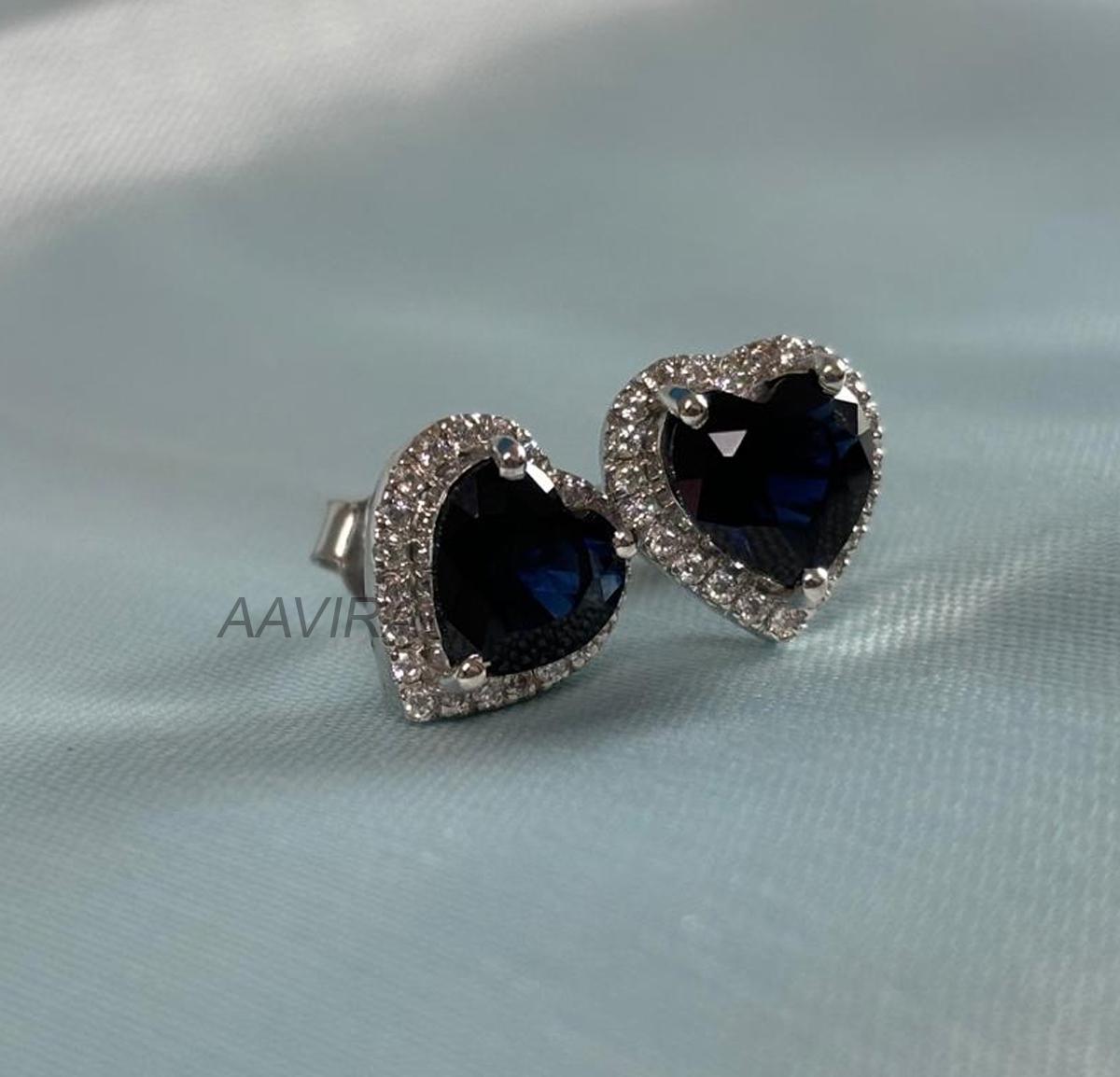 Halo Heart Blue Sapphire Studs, Blue Stone Earrings, Push Back Studs, Diamond Stud Earrings For Women, 14K White Gold  Handmade Studs