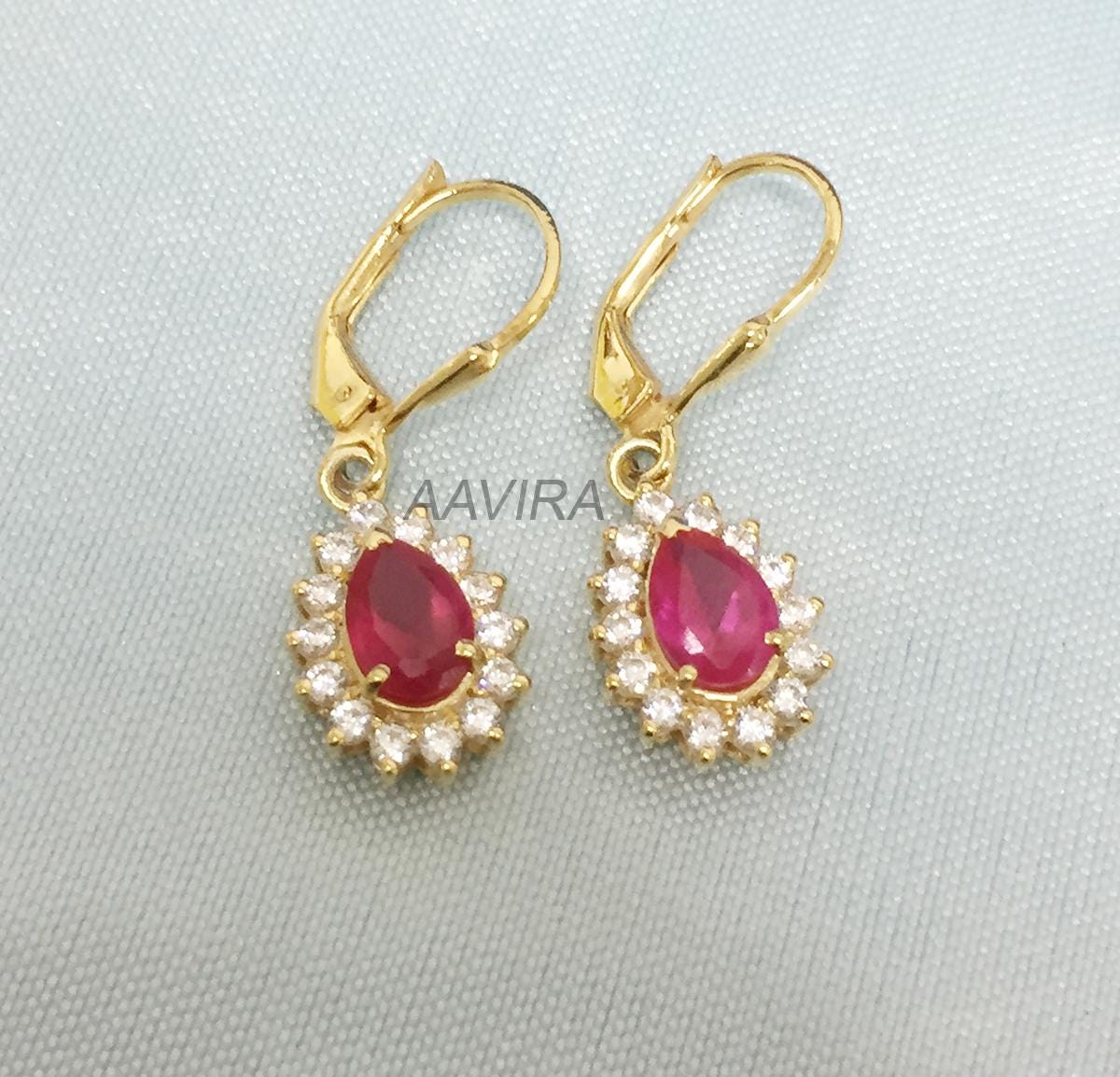 Teardrop Ruby Dangle Earrings, Dangle Earring, 14K Yellow Gold Earrings, July Birthstone Earrings, Gifts For Her, Red Gemstone Ruby Earrings