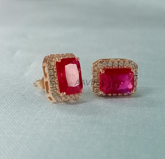 Ruby Diamond Earrings For Women, Emerald Cut Ruby Earrings, July Birthstone Earring, Push Back Earrings, Minimalist Earrings For Women, Gift