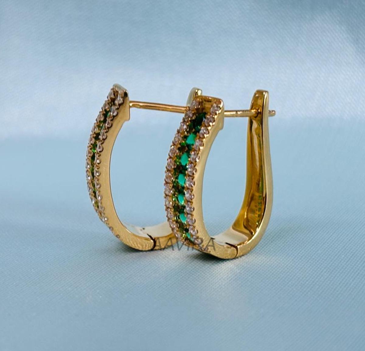 Green Earrings, Green Emerald Huggies, Pave Huggie Hoop Emerald Diamond, Dainty Birthstone Jewelry, Diamond And Emerald Gemstone Earrings