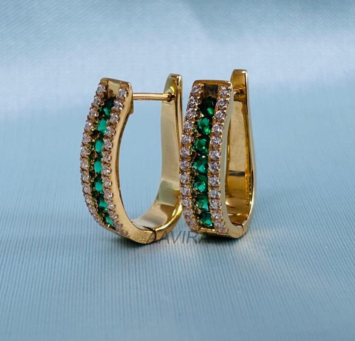 Green Earrings, Green Emerald Huggies, Pave Huggie Hoop Emerald Diamond, Dainty Birthstone Jewelry, Diamond And Emerald Gemstone Earrings