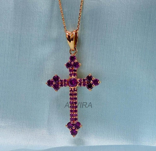 Cross Pendant, Cross Necklace, Amethyst Cross Necklace Pendant, Religious Cross Necklace, 14k Rose Gold Plated Cross, Mother's Day Sale