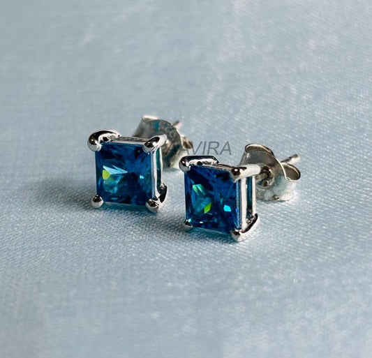 Aquamarine Blue Stud Earrings, Blue Stone Earrings, Everyday Stud Earrings, 14k White Gold Princess Stud, Princess Earrings, Gift for Women