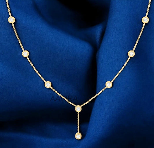 Diamond Stations Necklace For Women, Bezel Diamond Necklace, 14K Yellow Gold Charm Station Necklace, Anniversary Gifts, Women's Pendant Gift