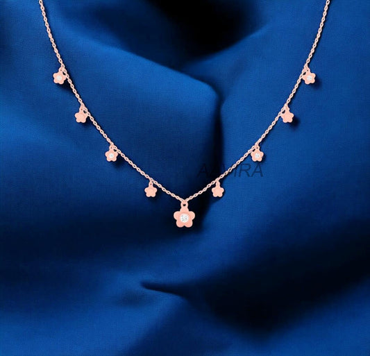 Diamond Floral Necklace, Diamond Jewelry, Dainty Necklace, Birthday Gift, 14k Rose Gold Plated, Christmas Gift, Gift For Mom, 18 Inch Chain