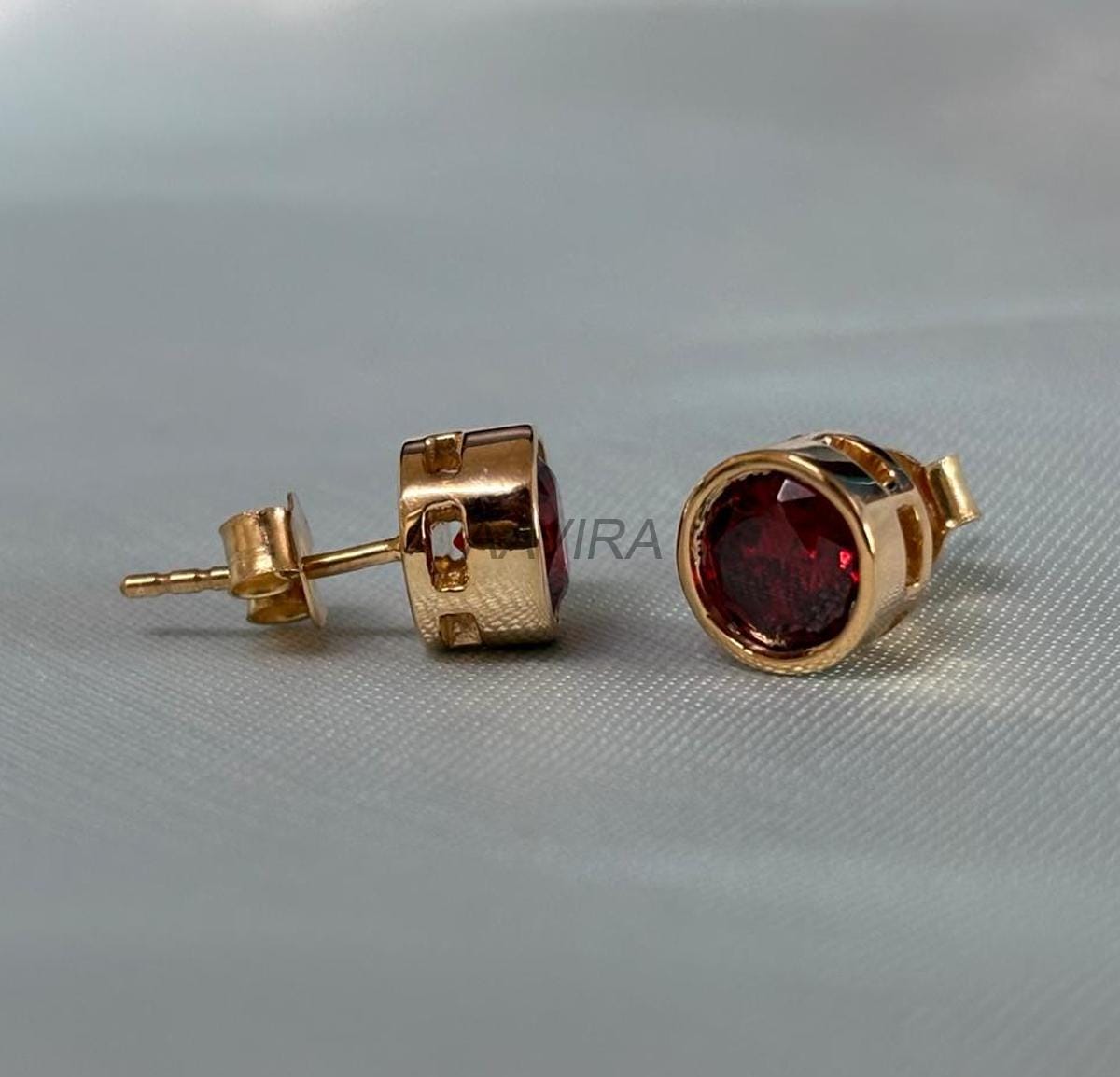 Dainty Red Ruby Stud Earrings, Bezel Set Earrings, Gemstone Earrings, 14k Yellow Gold Plated, Pushback Earrings, Gifts For Girlfriend
