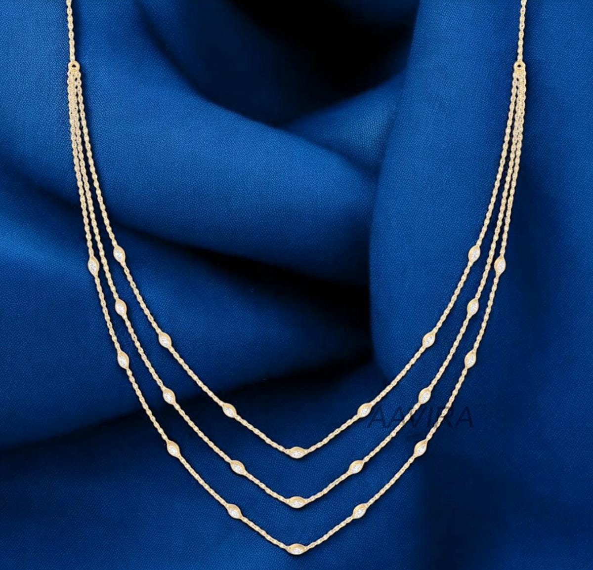 Marquise Diamond Three Layer Necklace, Diamond Jewelry, Layer Necklace For Women, Delicate Necklace, 14k Yellow Gold Plated, Gift For Mom
