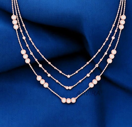 Women's Diamond Necklace, Three Layering Diamond Necklace, Three Stone Necklace, Beaded Chain Necklace, Gifts, 14k Rose Gold Plated Necklace