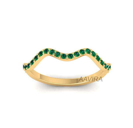 Round Curved Ring, Curved Emerald Wedding Band Ring, Wedding Band For Women, Engagement Band, Bridesmaid Gift, 14k Yellow Gold Matching Ring