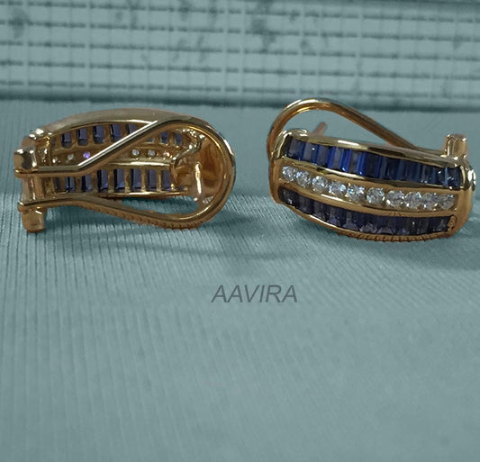 Blue Sapphire Hoop Earring, Diamond Hoop Earrings, Party Wear Earrings, Omega Back Earrings, 14K Yellow Gold Hoop, Channel Set Hoop Earrings