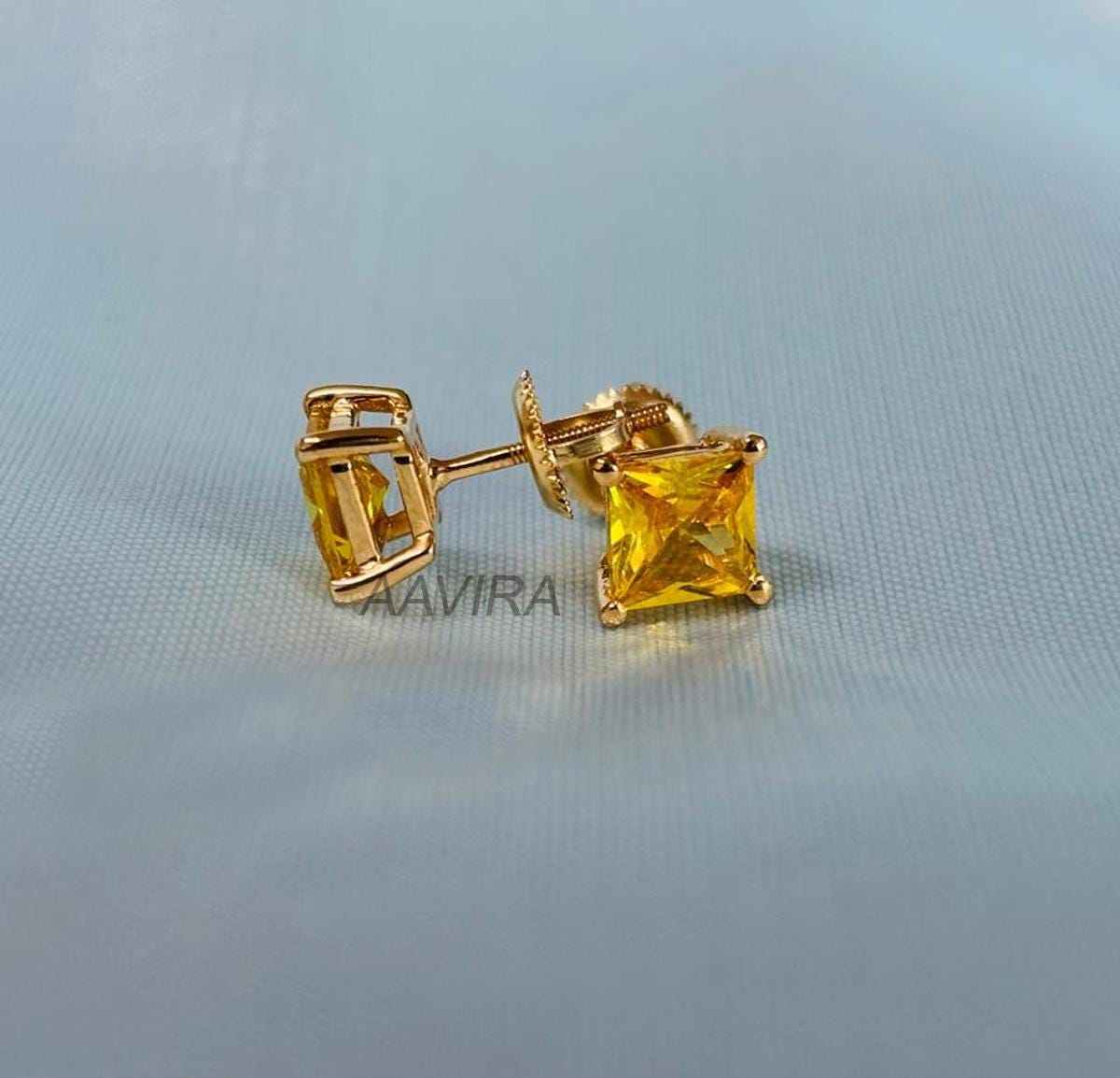 Citrine Princess Stud Earrings, 14k Yellow Gold Citrine Earrings, Everyday Earrings For Men Women, 6mm Diamond Stud, Gemstone Earrings Gift