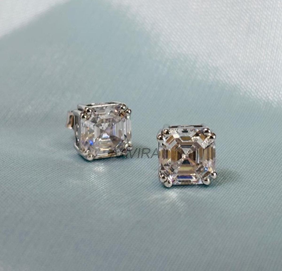 Asscher Cut Stud Earrings, Daily Use Earrings, Asscher Earrings, Diamond Earrings for Men Women, 14k White Gold Stud Earrings, Push Back