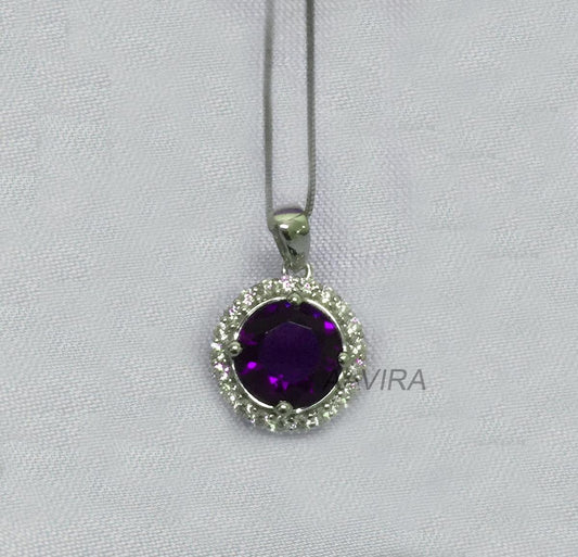 Purple Amethyst Round Halo Pendant, Amethyst Pendant With Box Chain, Halo Diamond Pendant, Gemstone Pendant, Delicate Pendant For Women Gift