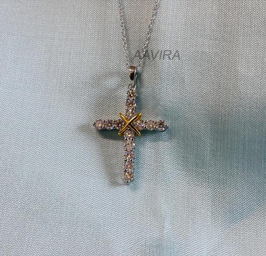 Two Tone Plated Cross Diamond Pendant Necklace, Religious Cross Pendant, Silver Handmade Pendant, Perfect Gift, Cross Moissanite Pendant
