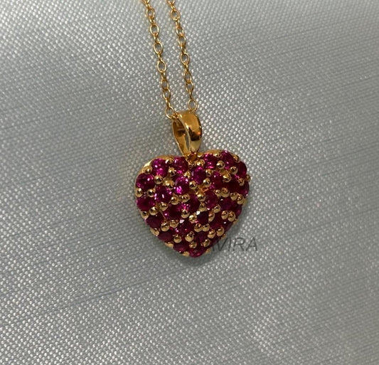 Ruby Heart Necklace, Cluster Heart Pendant Necklace, Pink Ruby Heart Pendant, Gift for Girlfriend, Heart Pendant With Chain, Mother Day Gift