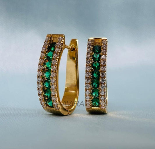 Green Earrings, Green Emerald Huggies, Pave Huggie Hoop Emerald Diamond, Dainty Birthstone Jewelry, Diamond And Emerald Gemstone Earrings