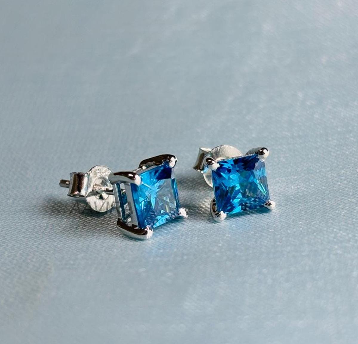 Aquamarine Blue Stud Earrings, Blue Stone Earrings, Everyday Stud Earrings, 14k White Gold Princess Stud, Princess Earrings, Gift for Women