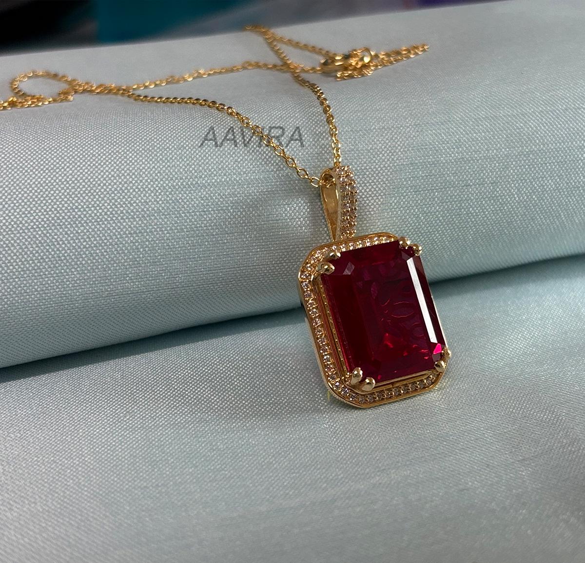 Emerald Pendant Necklace For Women, Red Ruby Gemstone Pendant, Halo Diamond Necklace, Wedding Necklace With Chain, Bridesmaid Gift, Gifts