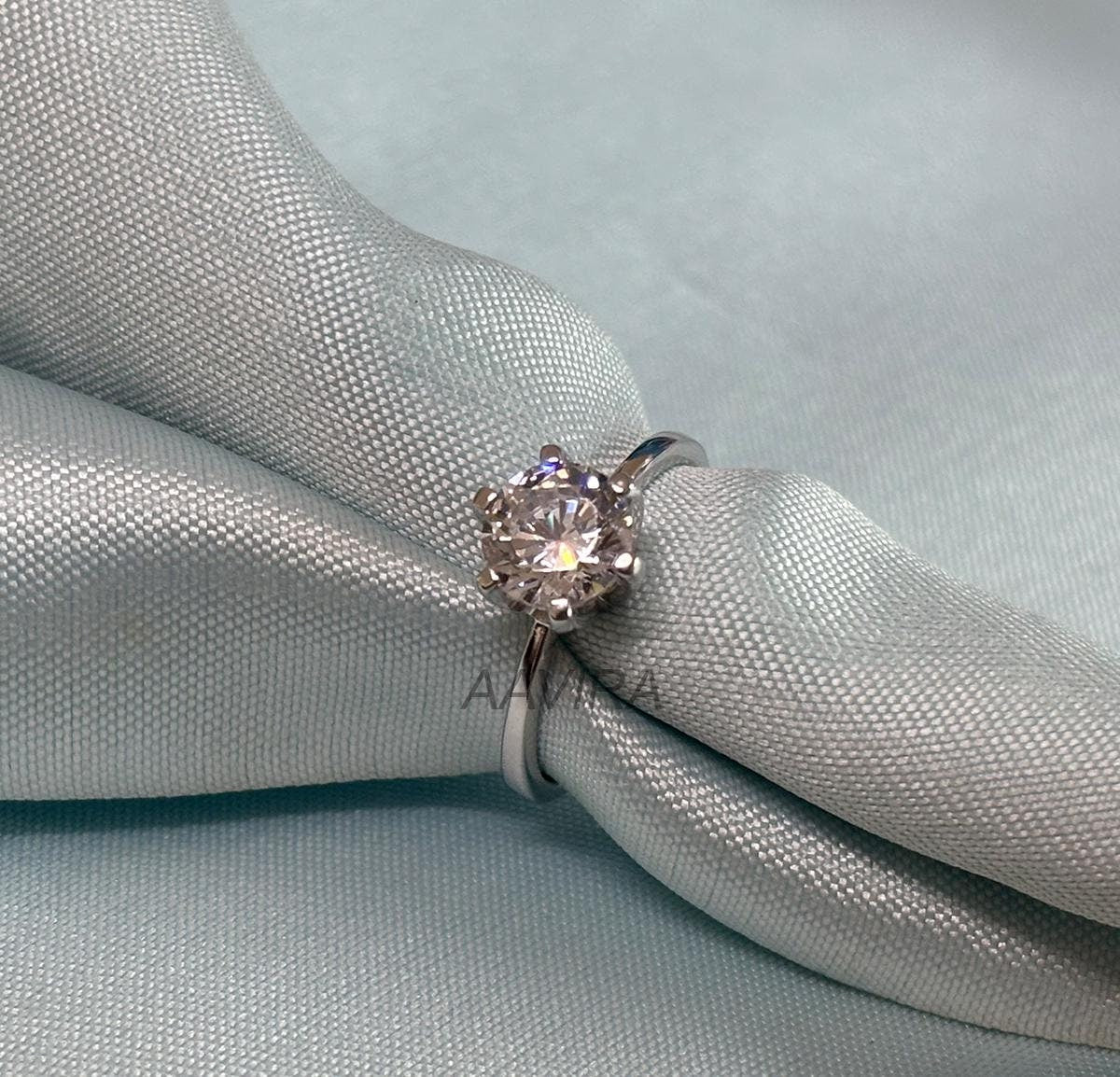 Round Moissanite Diamond Ring, Diamond Ring for Women, 14k White Gold Engagement Ring, 6 Prong Set Ring, 925 Silver Ring, Minimalist Ring