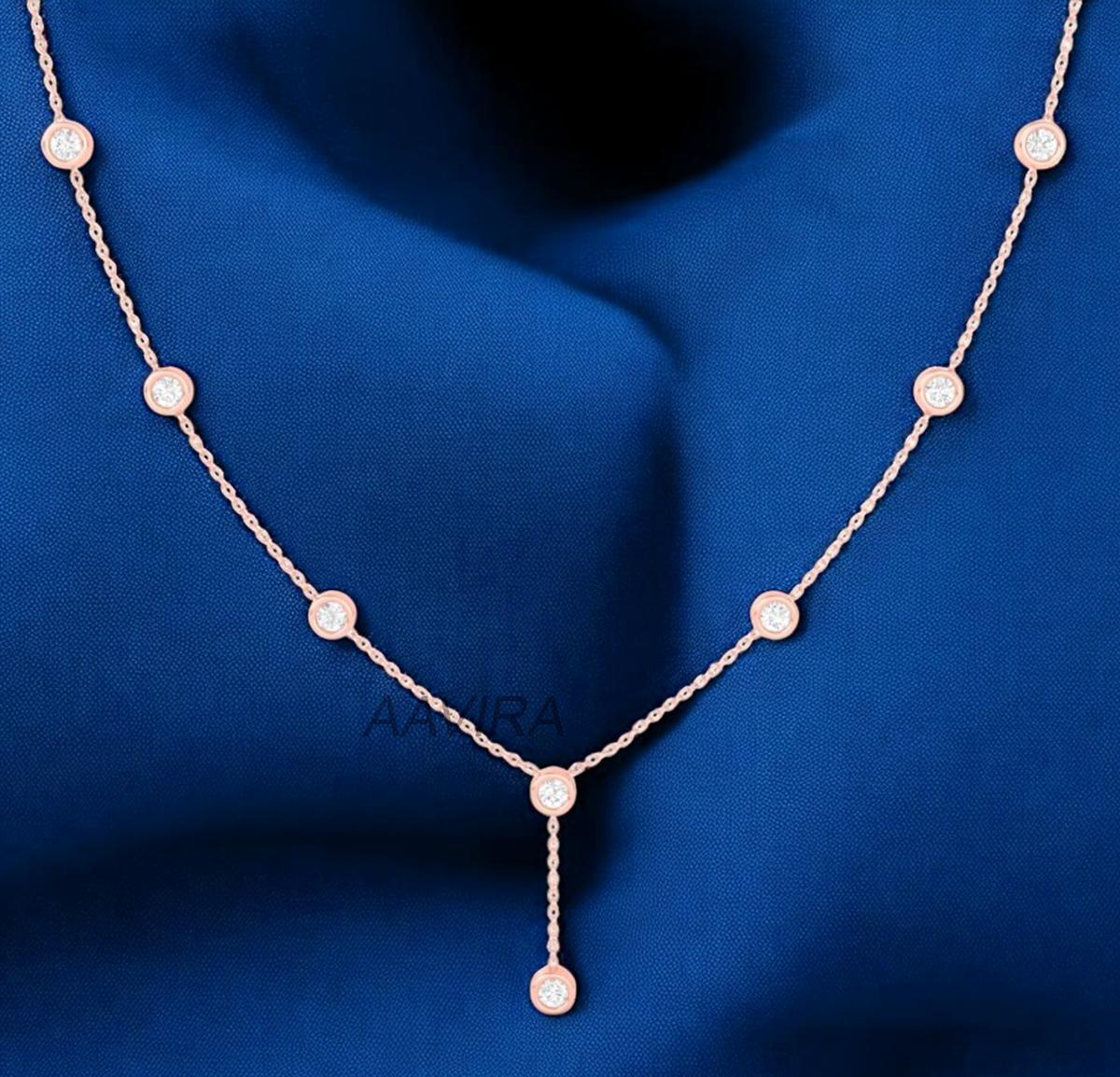 Diamond Stations Necklace For Women, Bezel Diamond Necklace, 14K Yellow Gold Charm Station Necklace, Anniversary Gifts, Women's Pendant Gift
