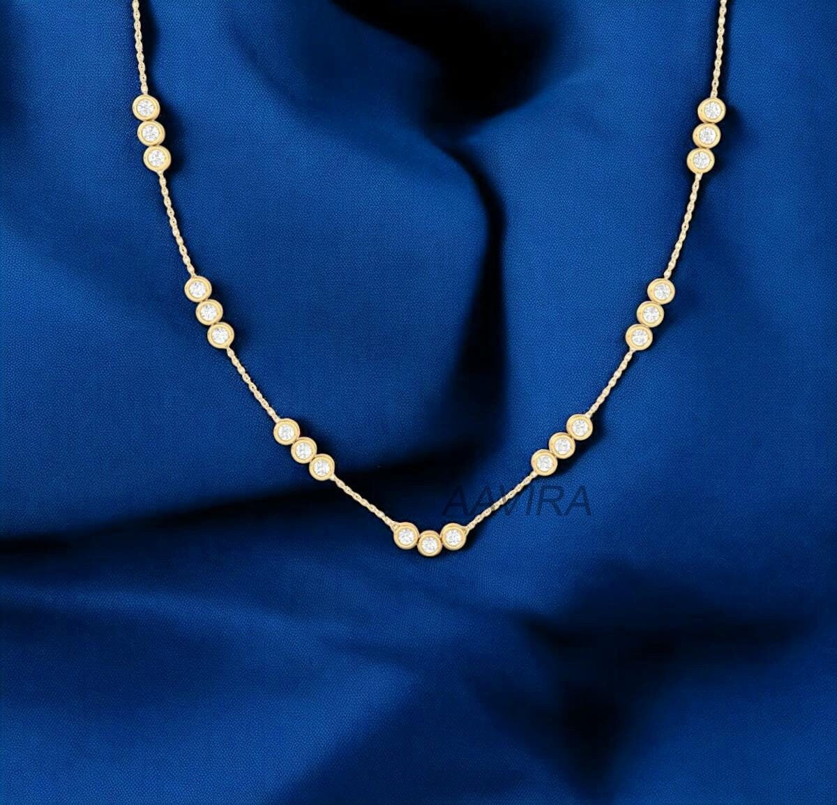 Womens Pendant Necklace, 14k Yellow Gold Plated Diamond Station Necklace, Bezel Set Pendant, Three Stone Diamond Bezel Pendant, Gift For Mom