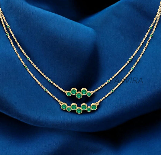Two Layer Necklace, Emerald Two Layer Necklace, Bezel Necklace For Her, 14k Yellow Gold Women's Necklace Pendant Gift, Party Wear Necklace