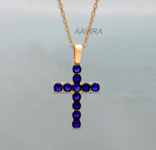Dainty Blue Sapphire Cross Necklace, September Birthstone Pendant For Women, Anniversary Gift, London Blue Topaz Cross, Cross Jewelry Gift